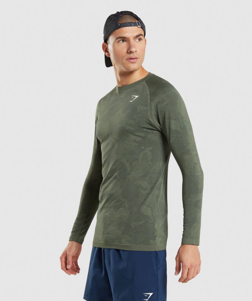 Men's Gymshark Geo Seamless Long Sleeve T-Shirts Olive | NZ 8UXHJZ